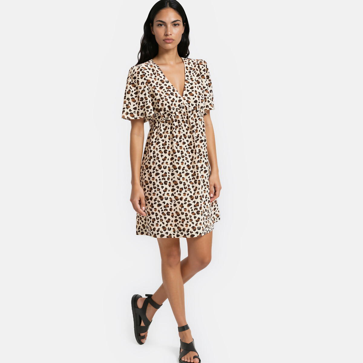 Robe courte col V manches courtes imprimé léopard, LA REDOUTE COLLECTIONS
