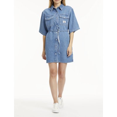 Denim Mini Shirt Dress with Short Sleeves and Press-Stud Fastening CALVIN KLEIN JEANS