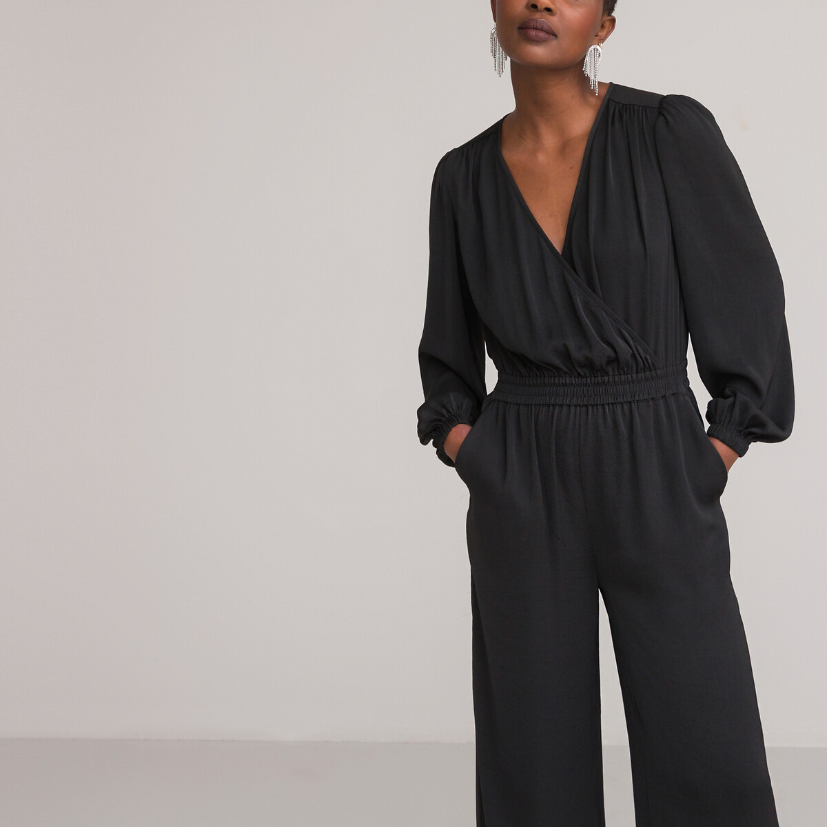 Recycled Satin Jumpsuit with Puff Sleeves, Length 31.5″