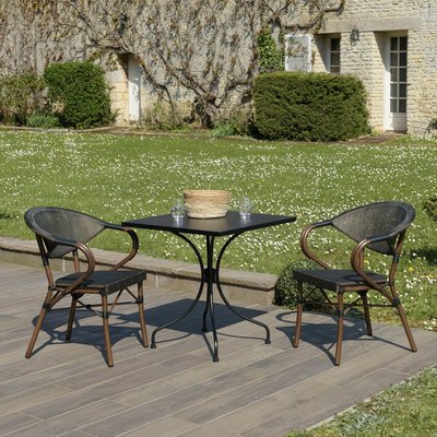 Salon de jardin table carrée noire 70x70 cm + 2 fauteuils bistrot tissu marron GIJON PIER IMPORT