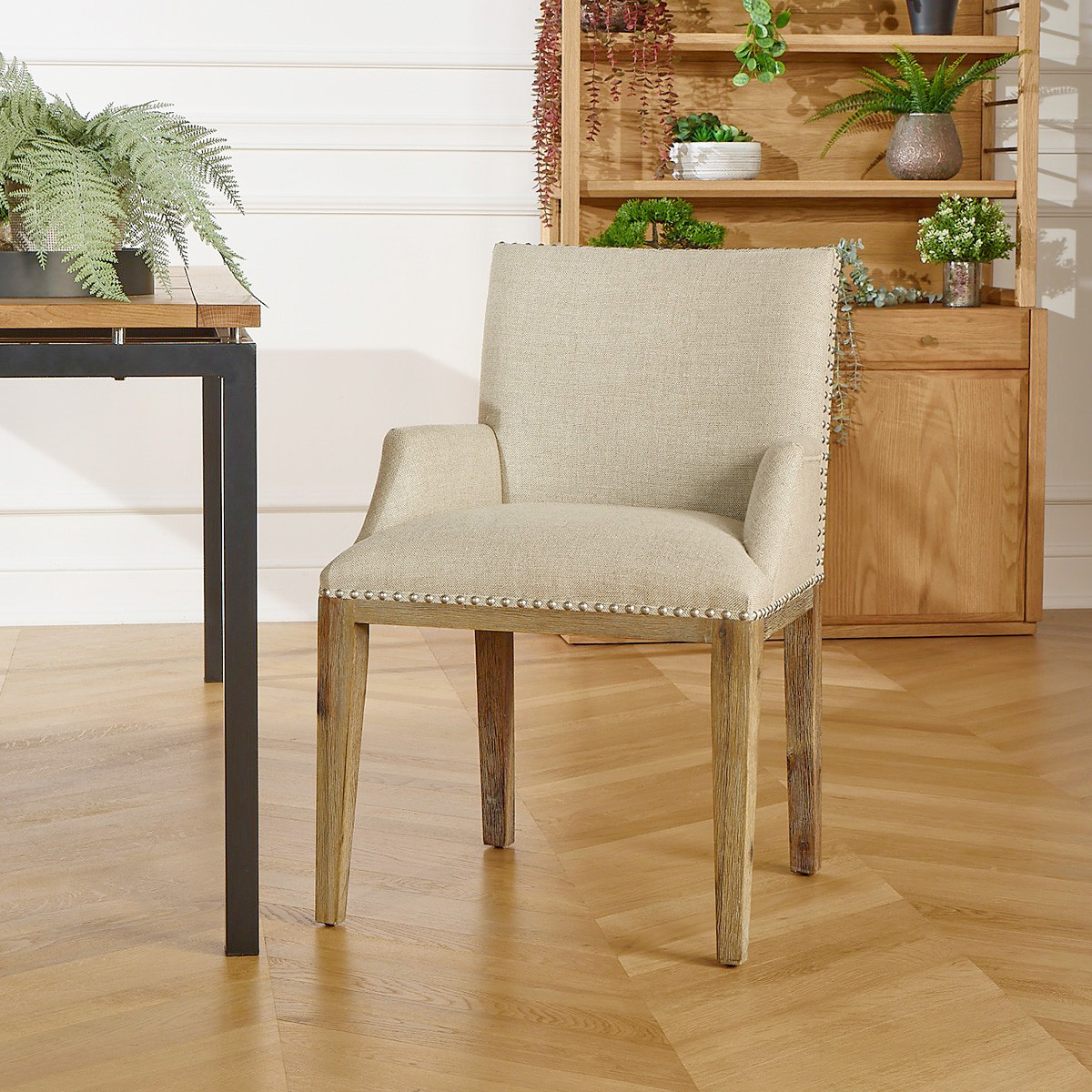 Fauteuil de table style contemporain en hévéa et lin IANA, ROBIN DES BOIS