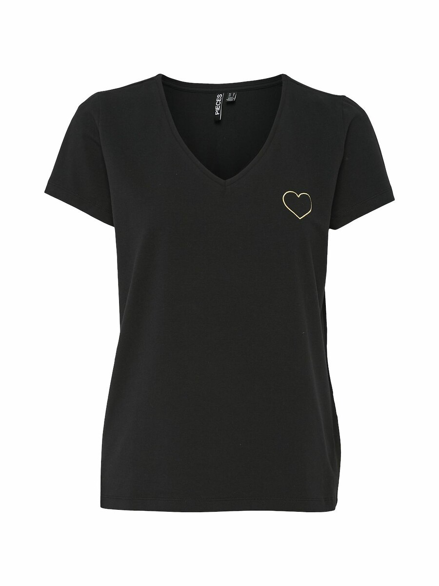 T-shirt com decote em V, coração bordado, PIECES