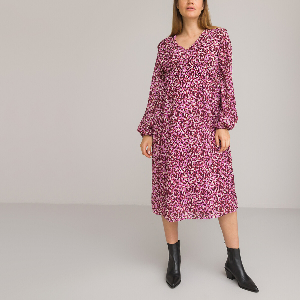 Recycled Maternity Midi Dress in Floral Print with V-Neck and Long Sleeves