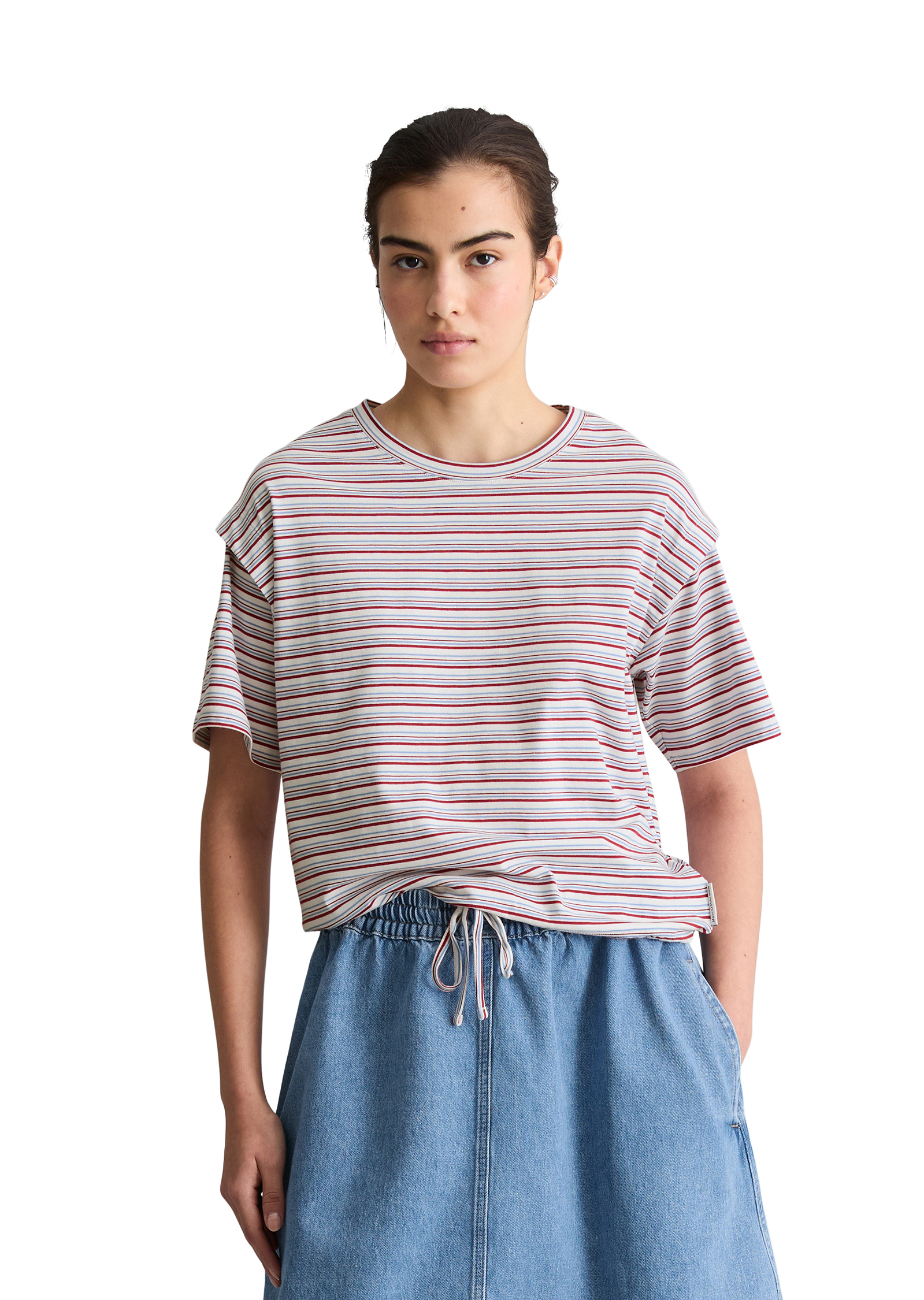 T-shirt à rayures relaxed avec cordon de serrage à l'ourlet, MARC O’POLO DENIM