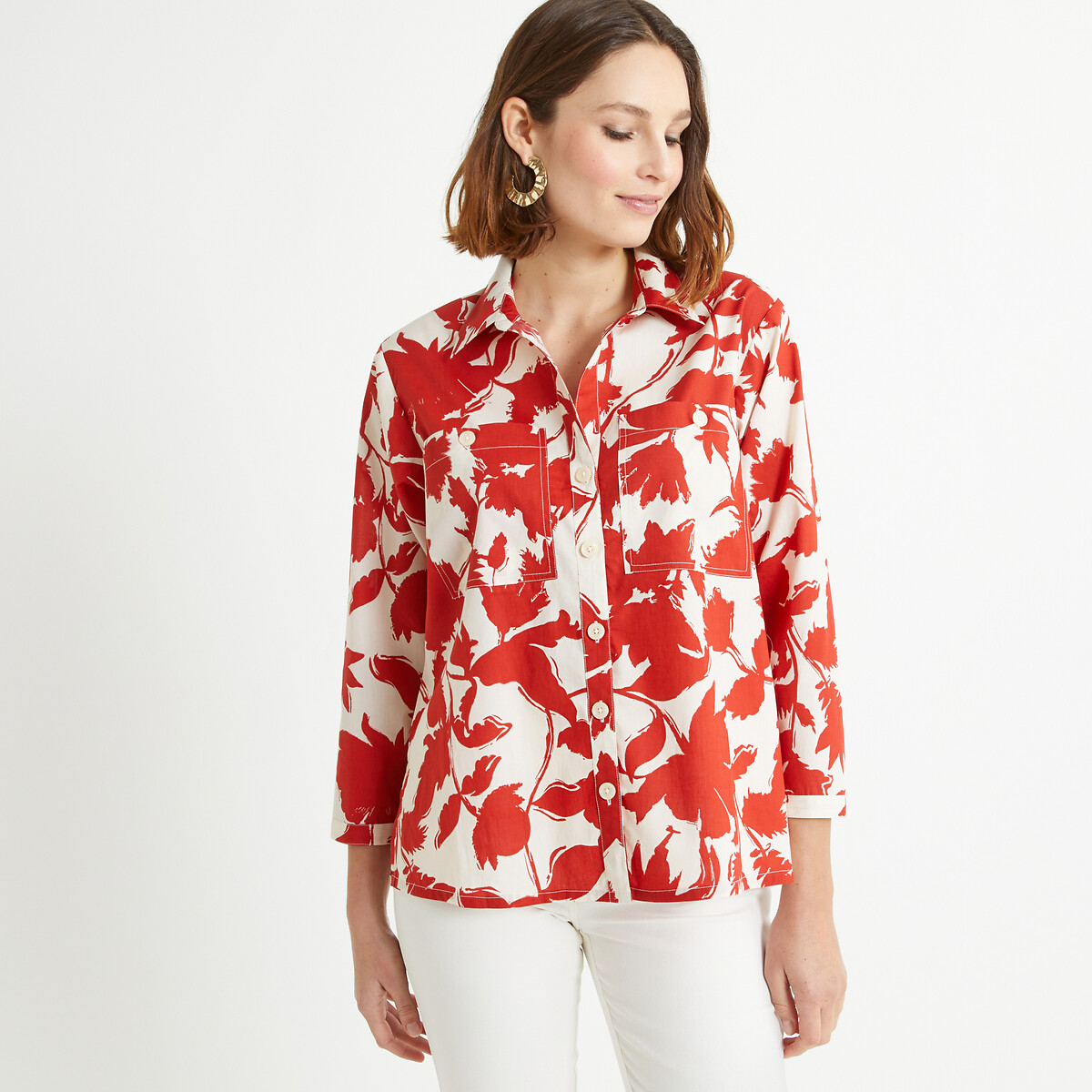 Floral Print Cotton Shirt with 3/4 Length Sleeves