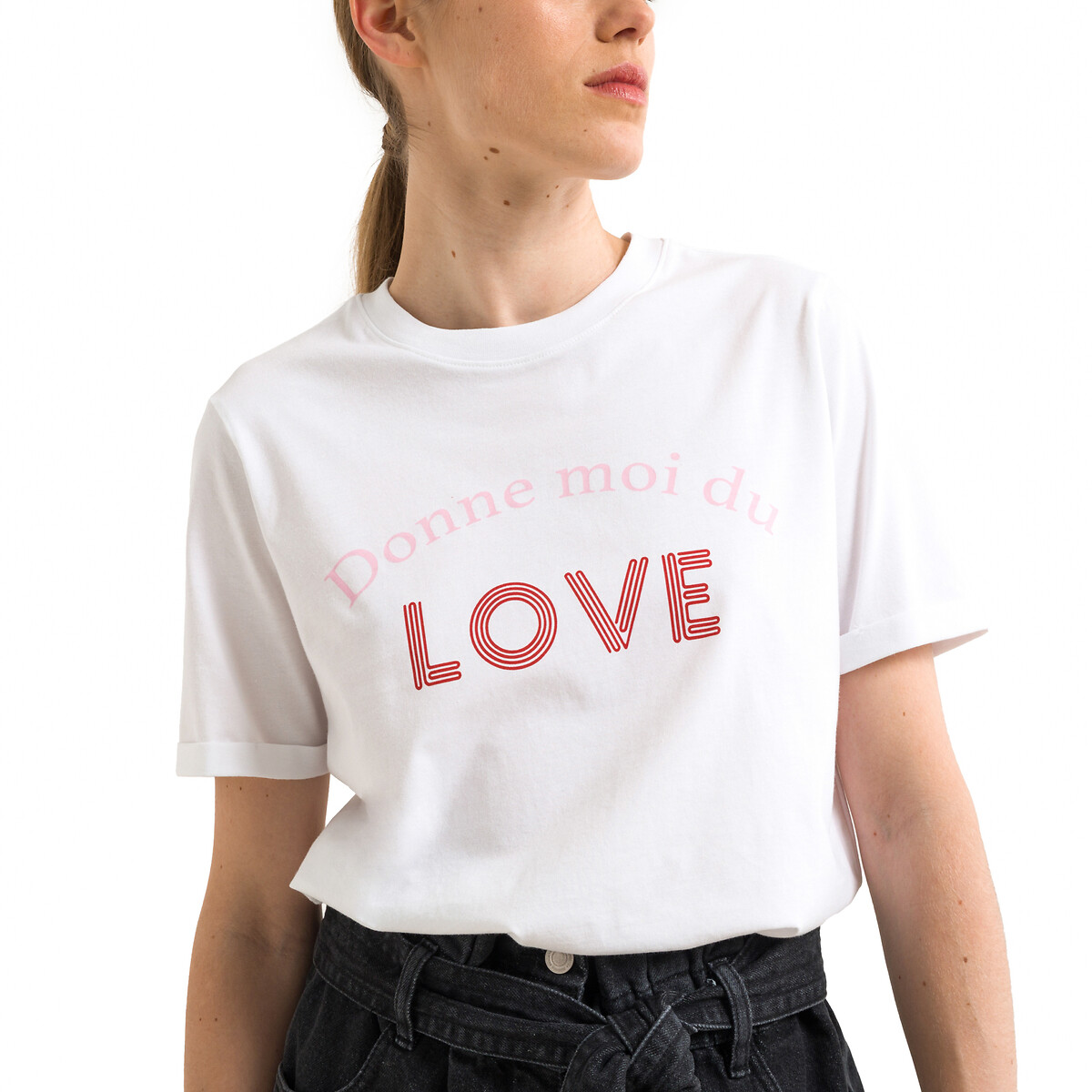 Slogan Print Cotton T-Shirt with Short Sleeves