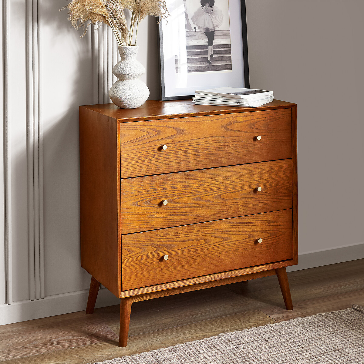 Elijah Retro Ash Wood Chest of 3 Drawers, SO'HOME
