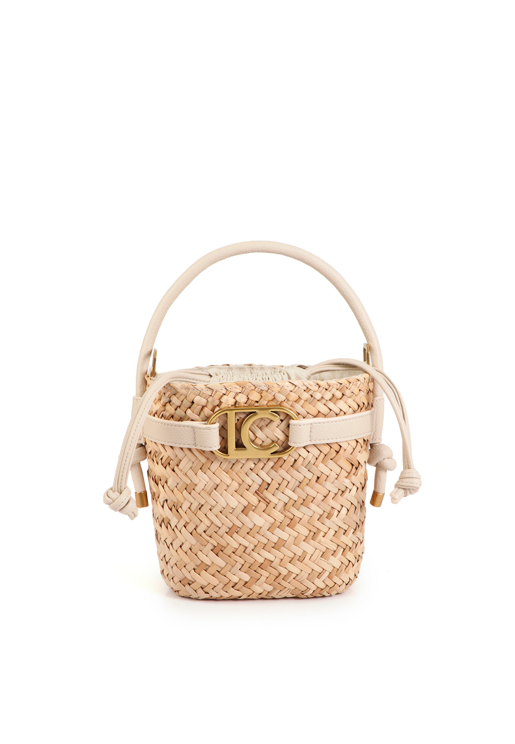 Mini panier tressé avec poignées et détails effet cuir, LOLA CASADEMUNT