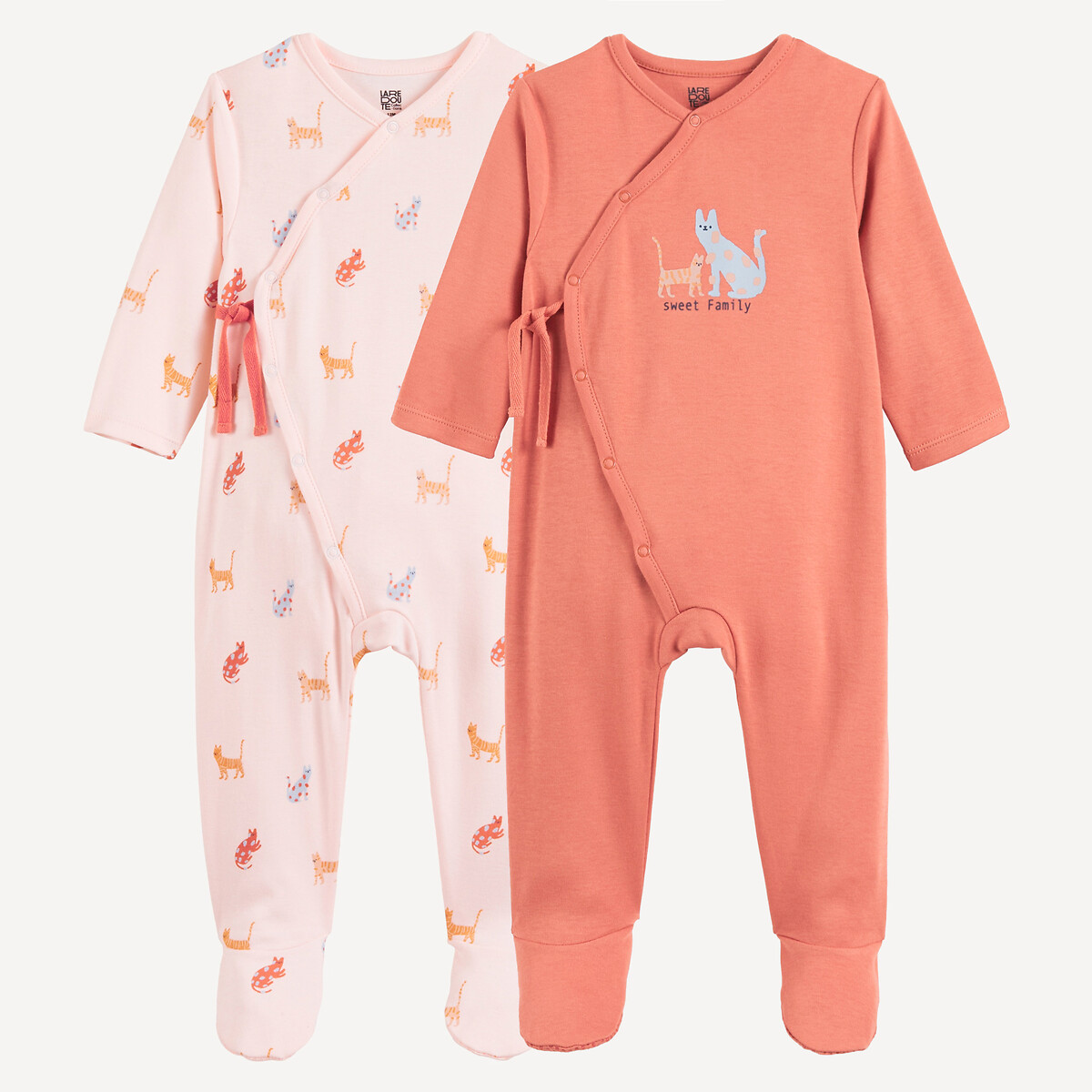 Pack of 2 Cat Print Cotton Front-Fastening Sleepsuits, LA REDOUTE COLLECTIONS
