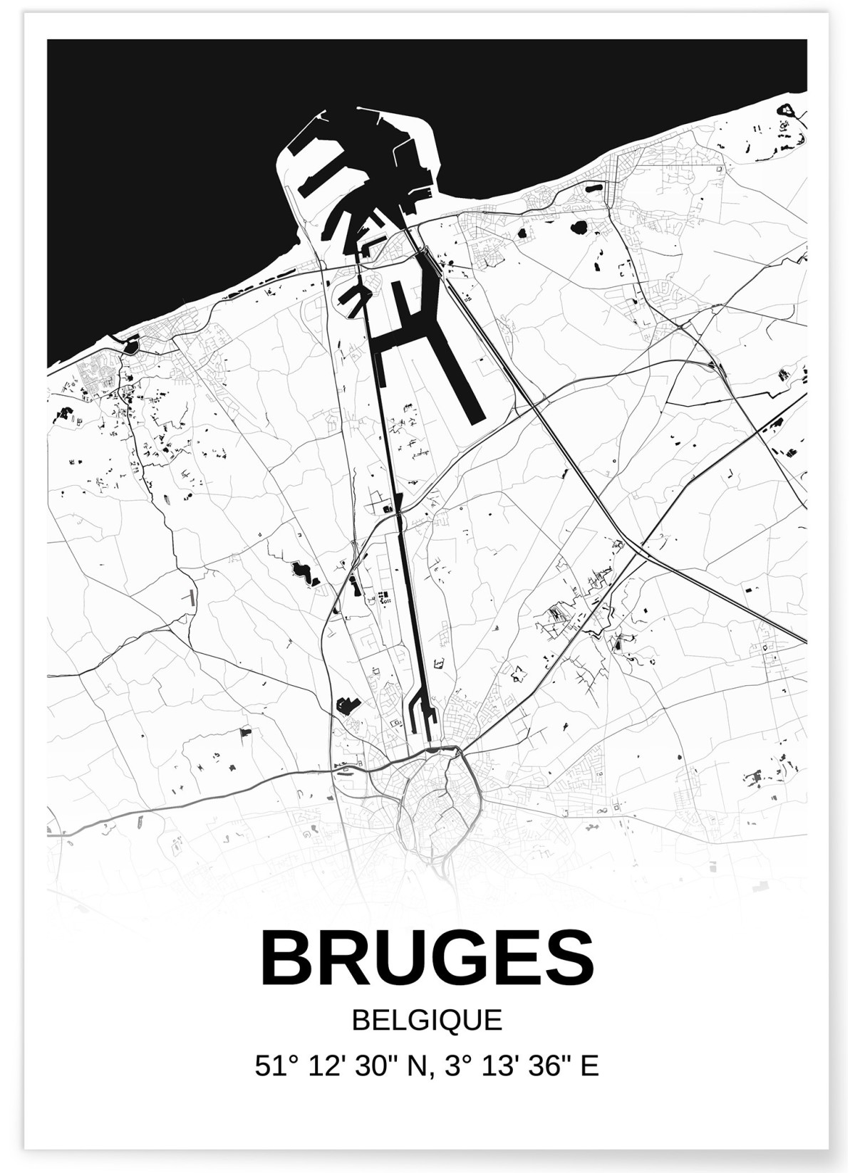 Affiche carte Bruges - rectangle Noir et Blanc, L'AFFICHERIE