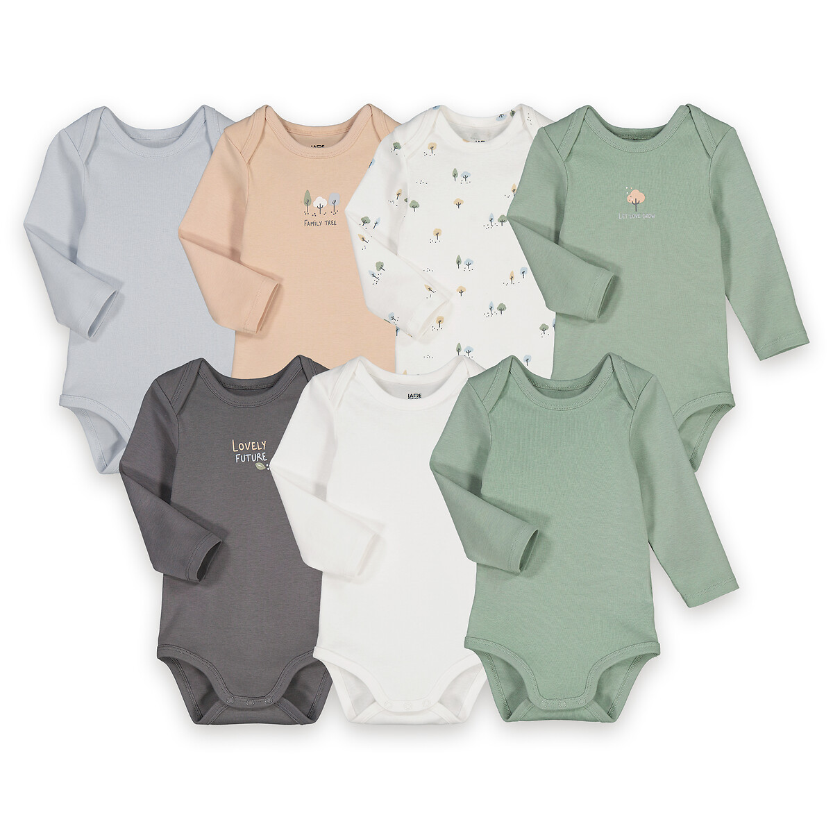 Lot de 7 bodies emmanchures américaines manches longues, en coton, thème nature, LA REDOUTE COLLECTIONS