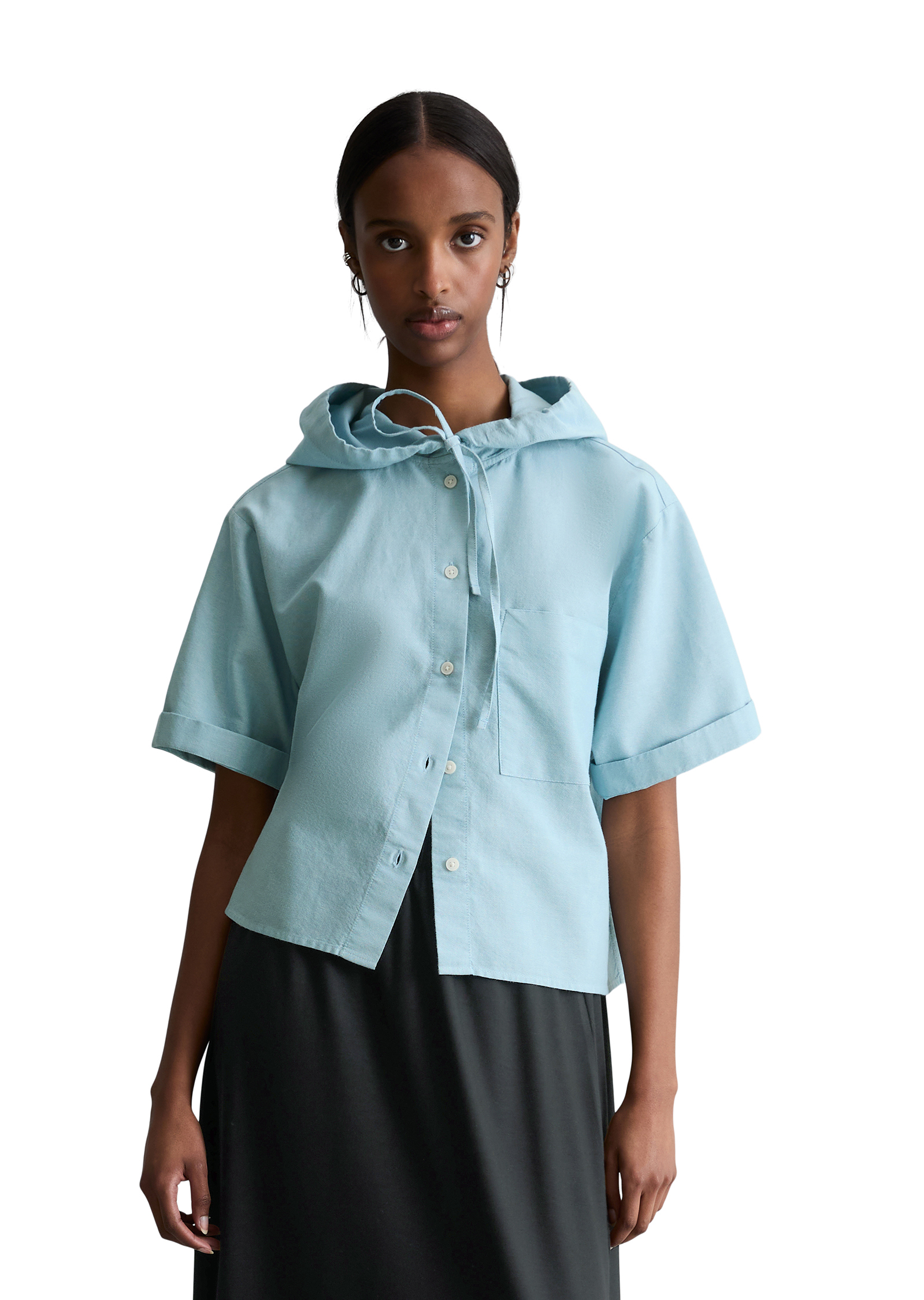 Blouse à capuche relaxed cropped en coton organique Oxford, MARC O’POLO DENIM