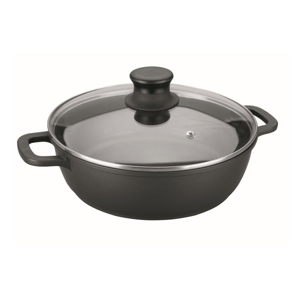 Faitout bas 28 cm en fonte d'aluminium couvercle en verre, LACOR