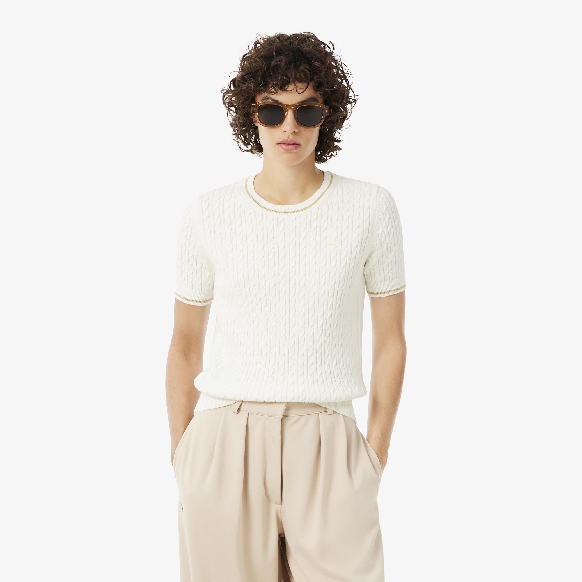 Pull manches courtes maille torsadée, LACOSTE