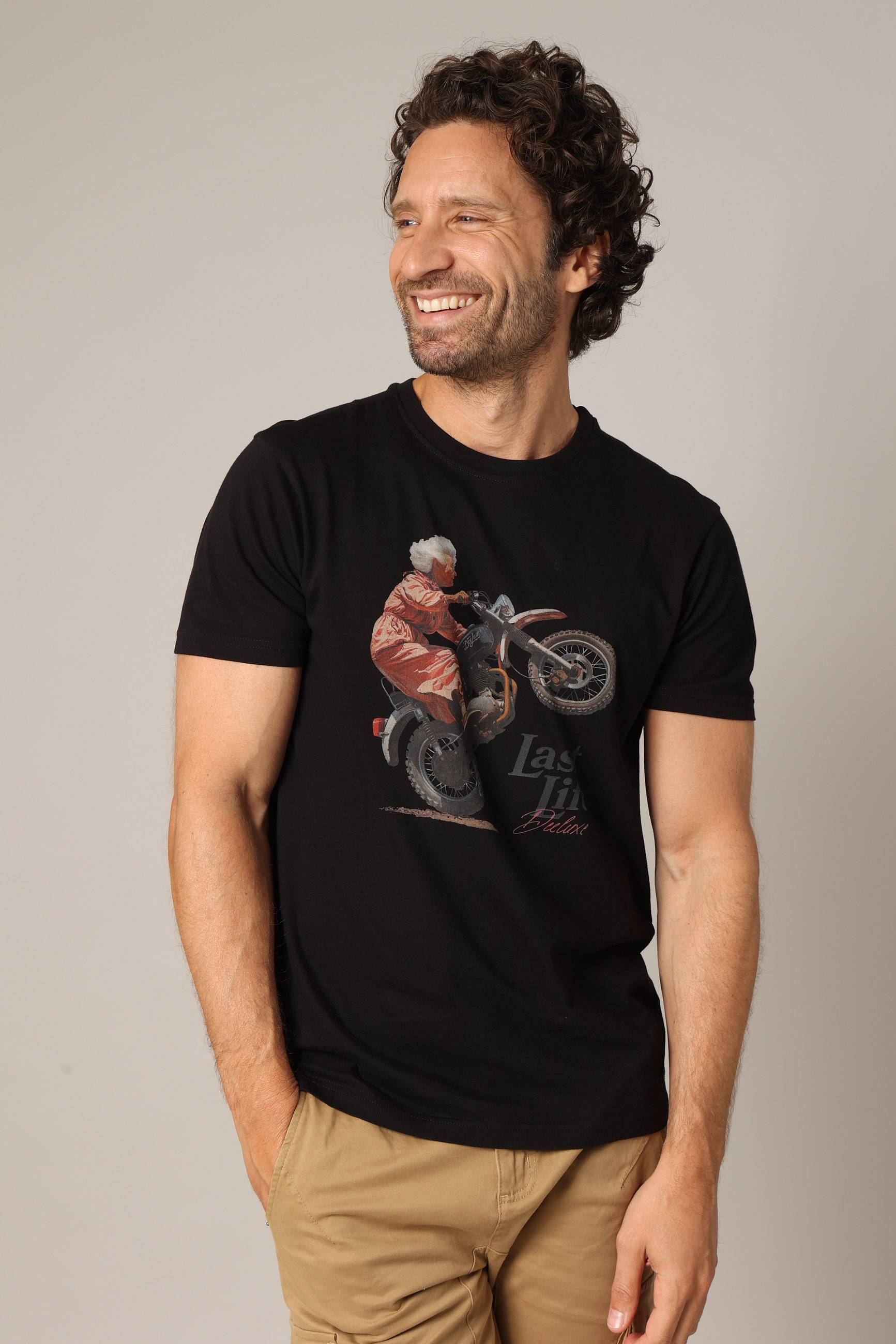 T-shirt 100% coton avec imprimé moto et message « last life deluxe » BADASS, DEELUXE