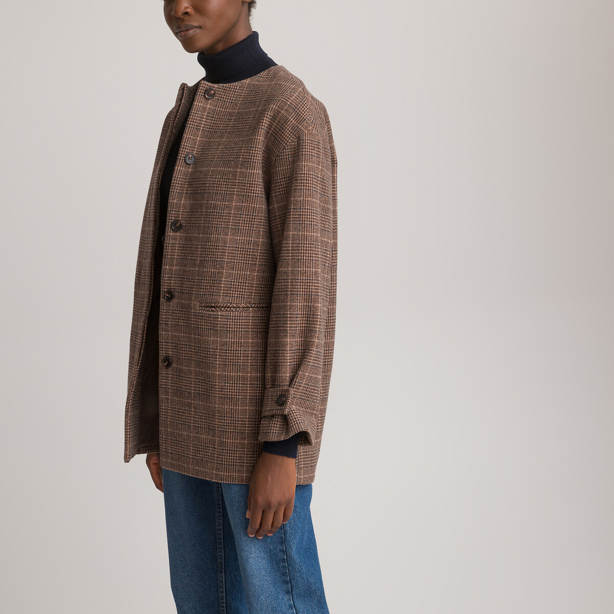 Recycled Checked Collarless Coat