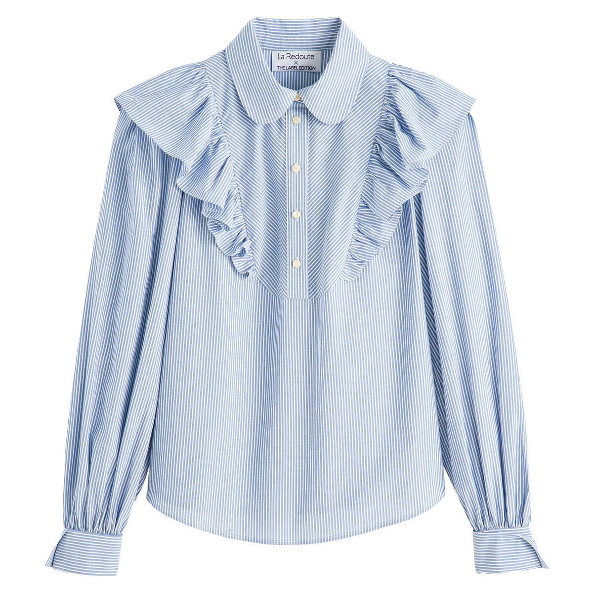 Striped cotton ruffled shirt with long puff sleeves , blue with white ...