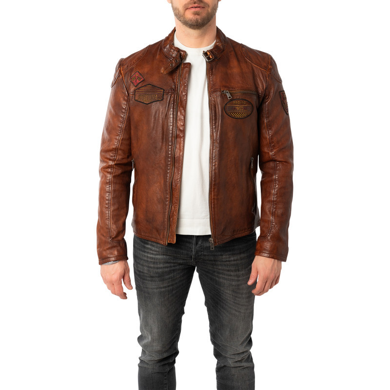 Blouson en cuir de mouton camel avec patchs à coupe droite et à col rond, GIPSY