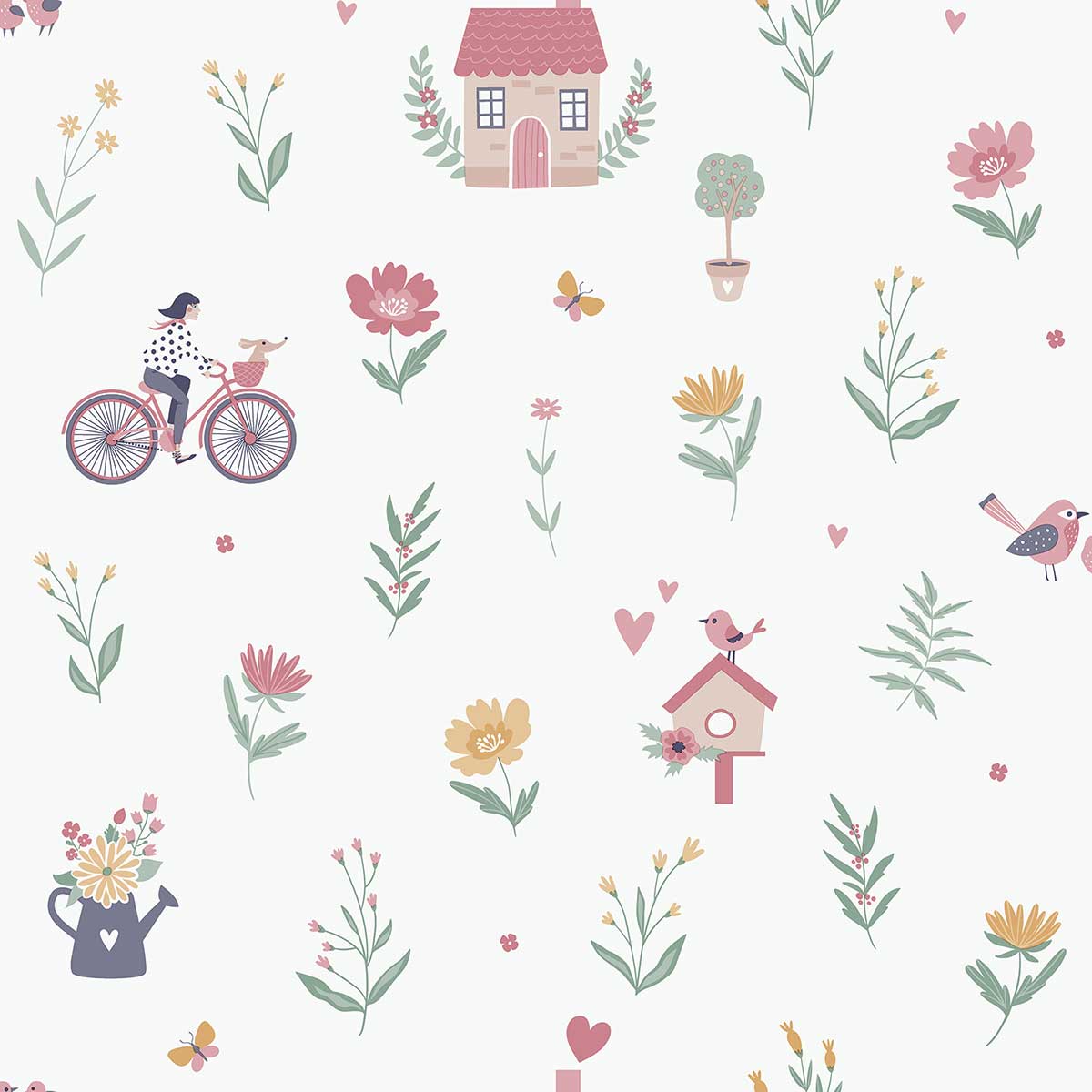 Papier peint jardin fleuri fille vélo fond blanc, HEXOA