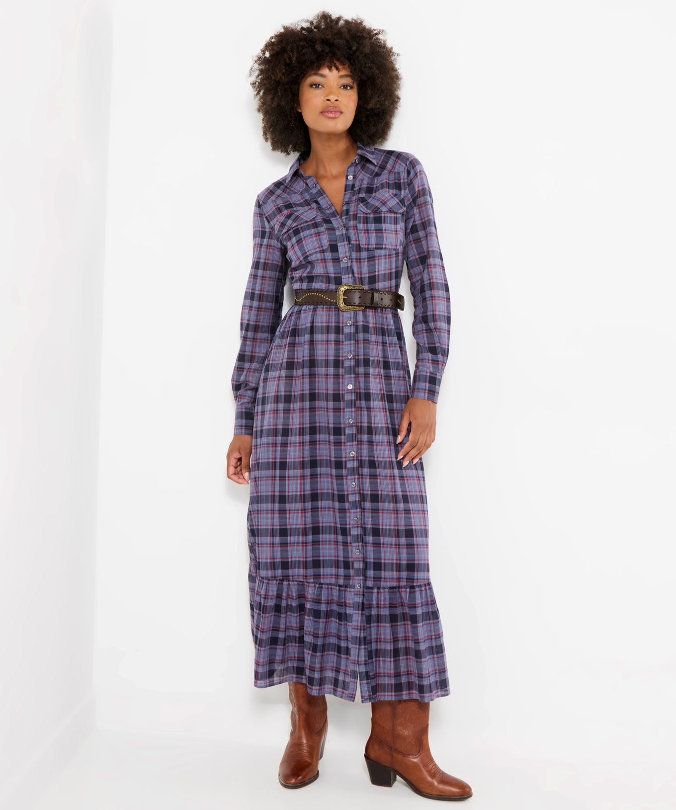 Robe Longue à Carreaux Boutonnée Western, JOE BROWNS