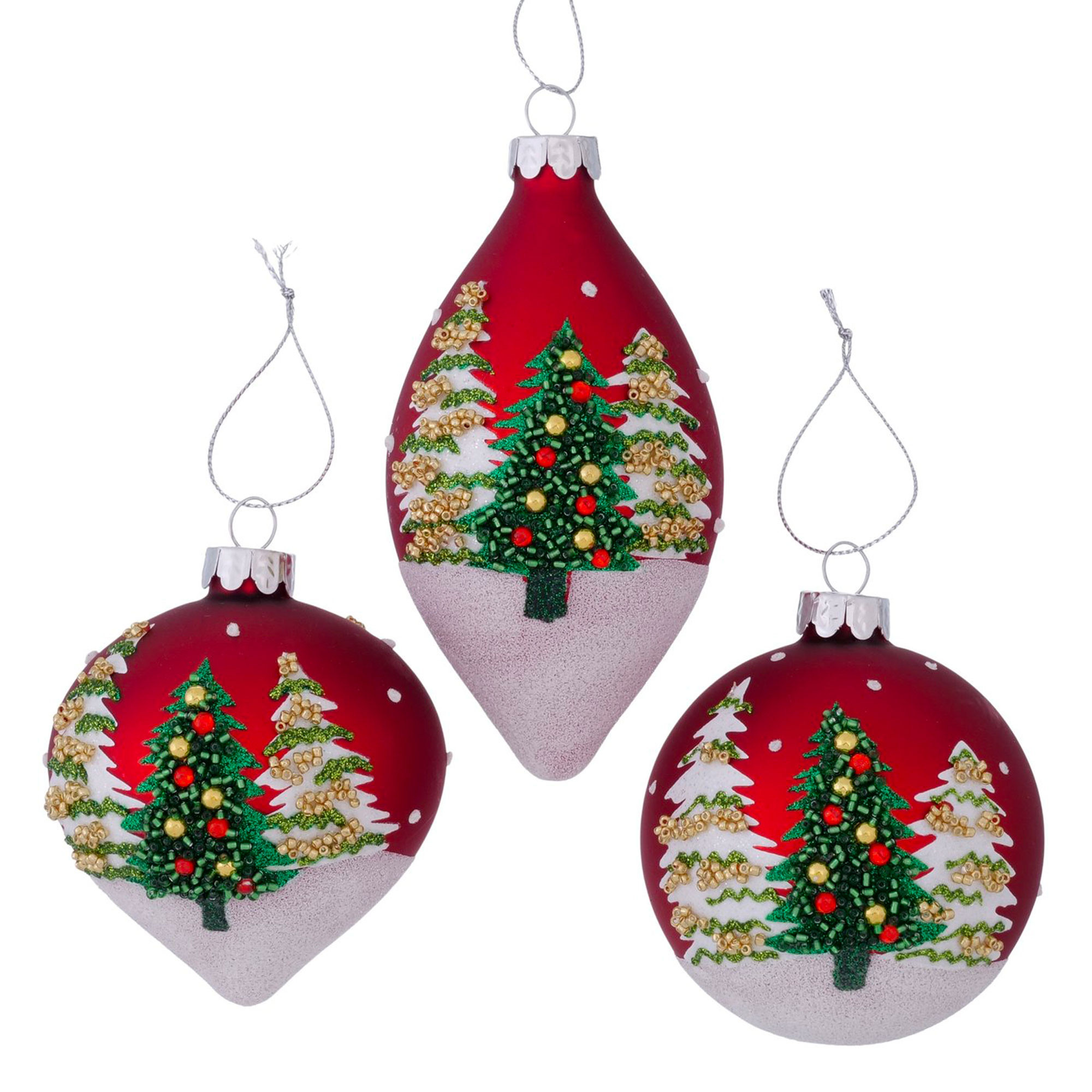 Set de 3 boules de Noël rouges décorées à la main 8x8x8cm, WADIGA