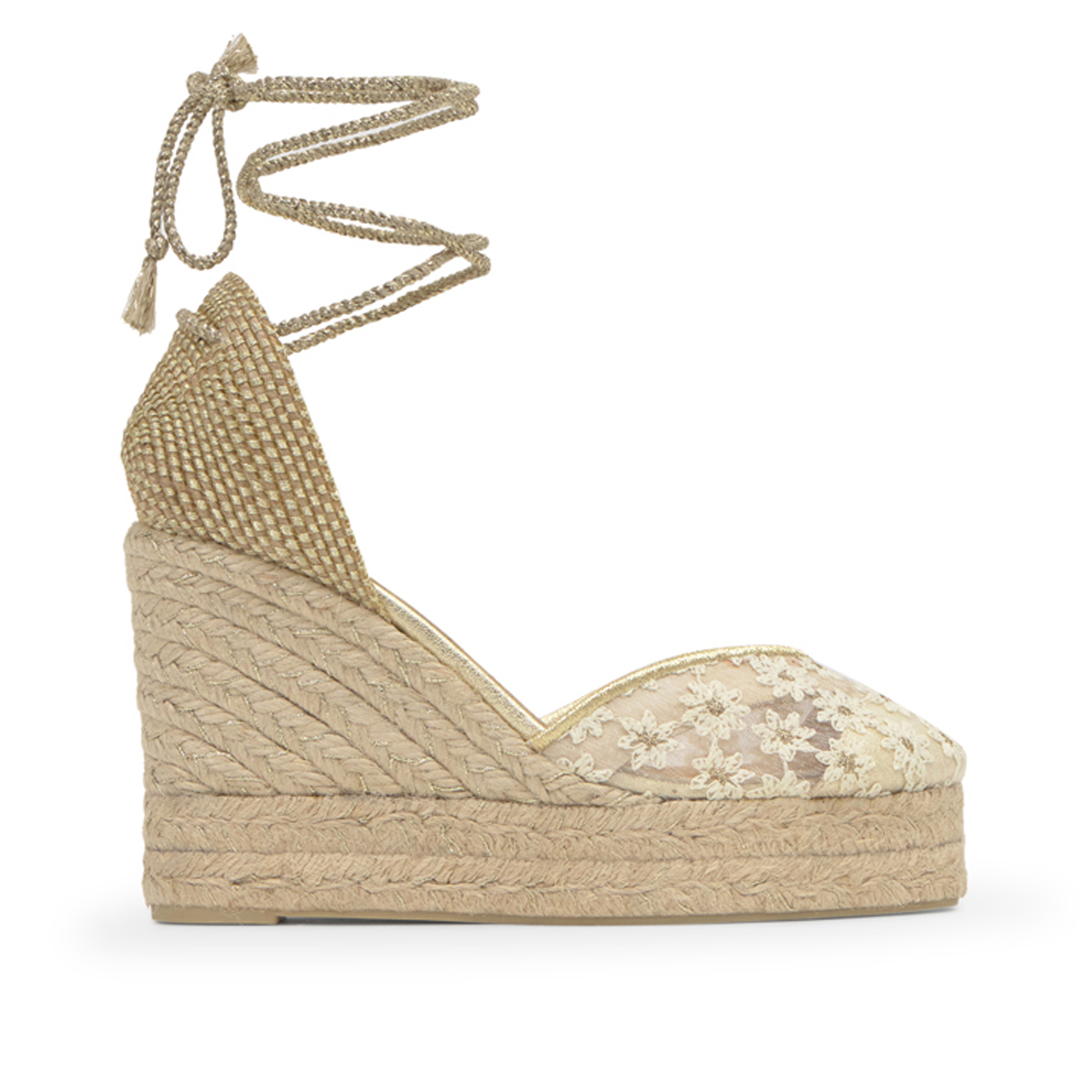 Espadrilles compensées en broderie florale à lacets pompons CLAIR EXTRA PLATFORM, CASTANER