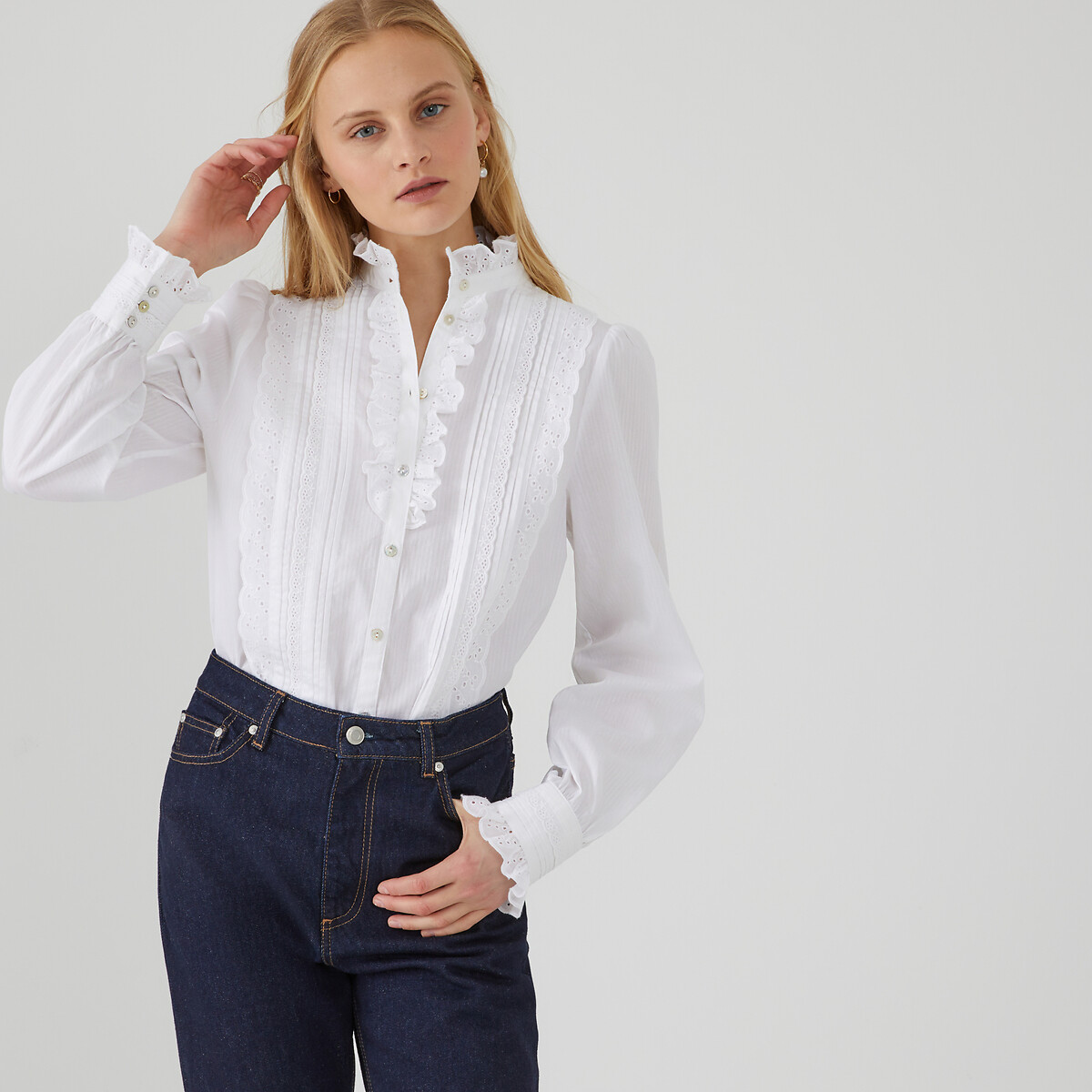 White cotton ruffle hotsell shirt