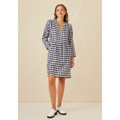 Car Marine Checked Dress in Cotton with V-Neck HARRIS WILSON