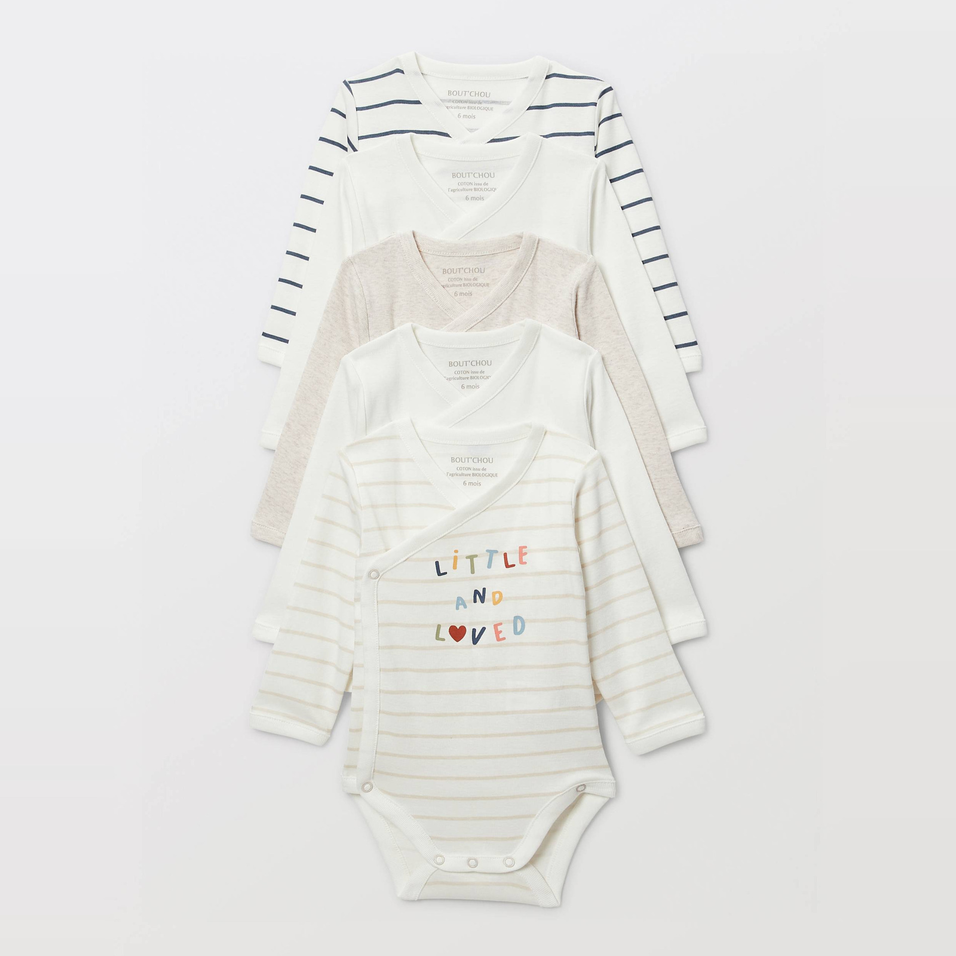 Lot de 5 bodies manches longues imprimé en coton BIO GOTS, BOUT'CHOU