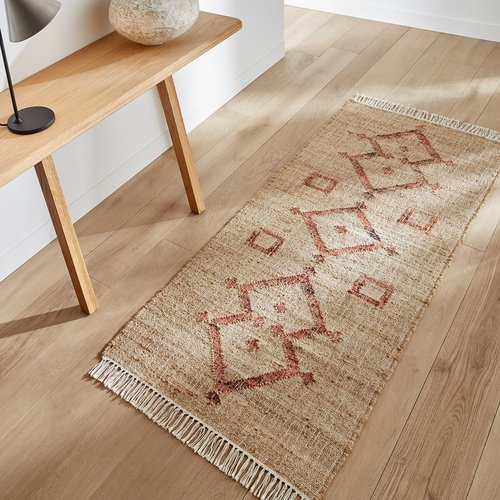 Panaji fringed hand woven jute and cotton runner rug, natural/red