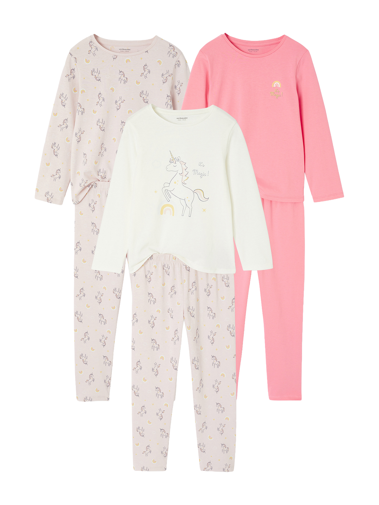 Lot de 3 Pyjamas Licornes Fille, VERTBAUDET