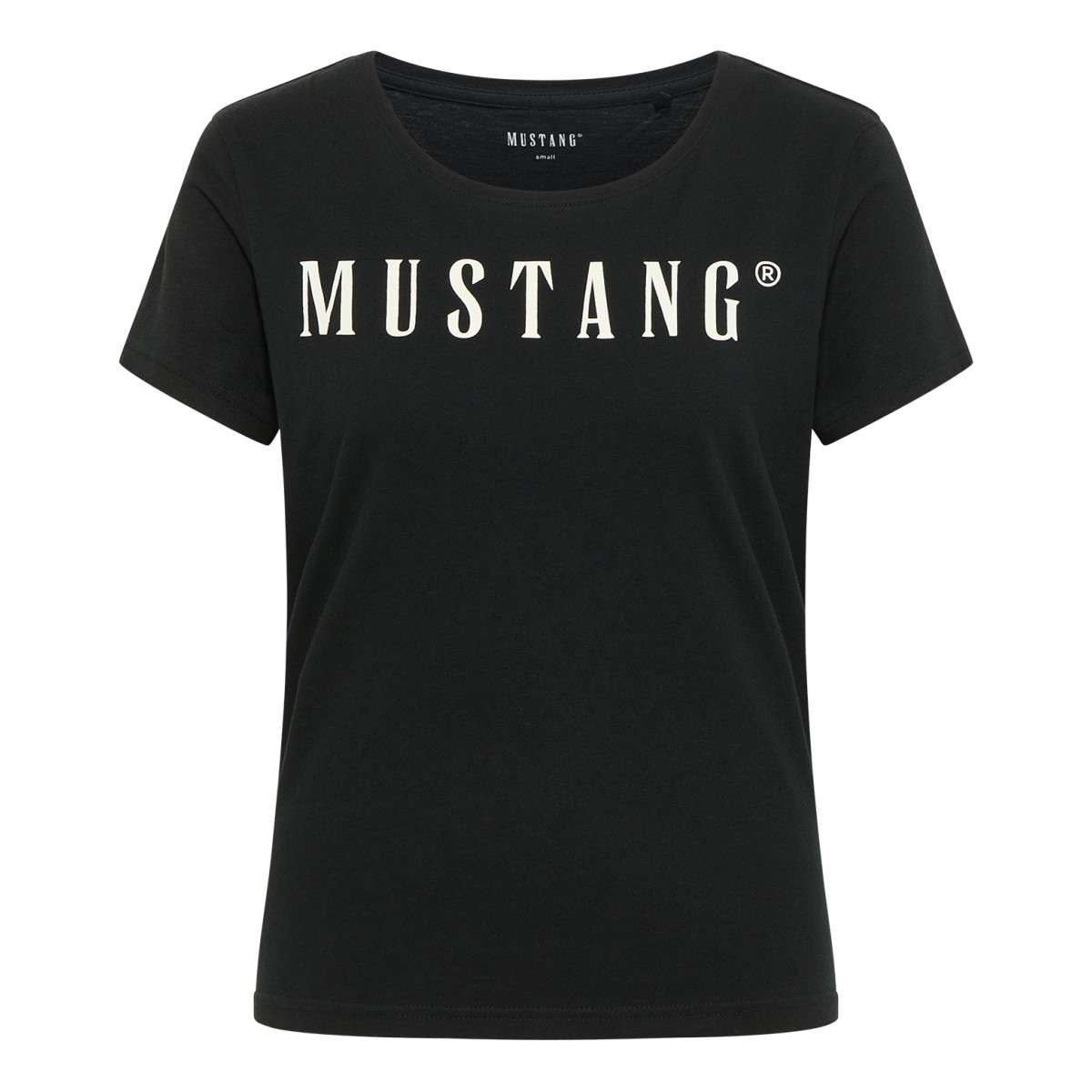 T-shirt FEMME Mustang Alma coton avec manches courtes et col rond large noir, MUSTANG