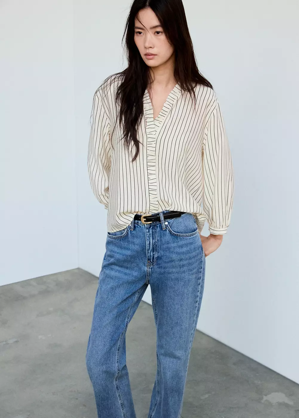 Blouse rayée avec détail à volant, MANGO