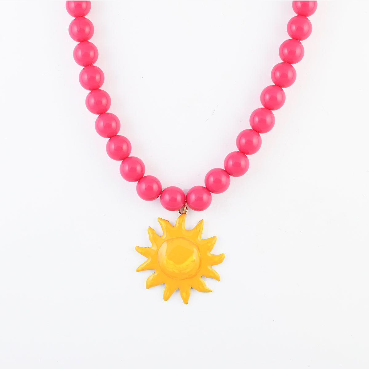 Collier de perles rose fuchsia pendentif soleil, BALABOOSTE