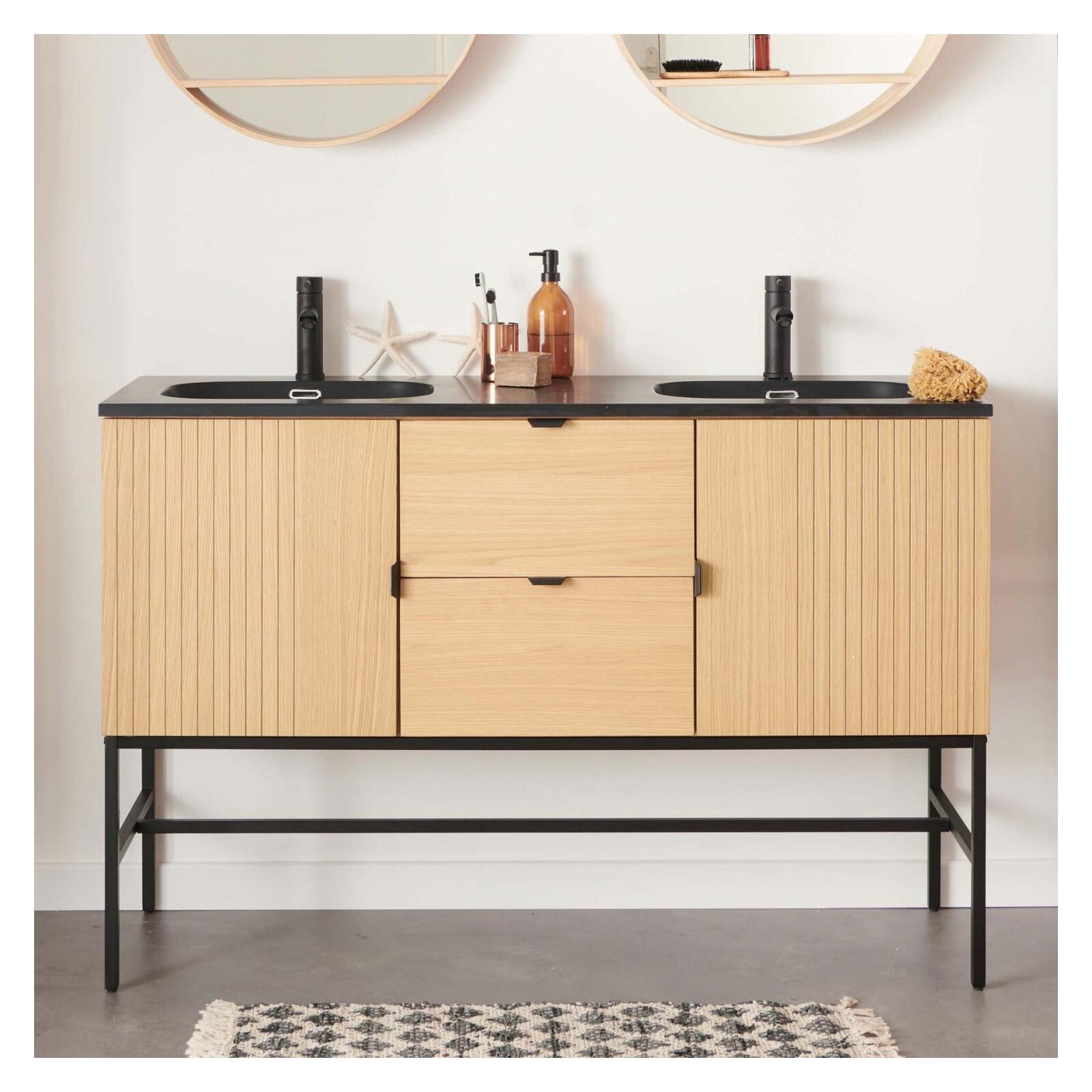 Meuble double vasque 140cm chêne, plan et robinets noirs STUDIO, MOB IN