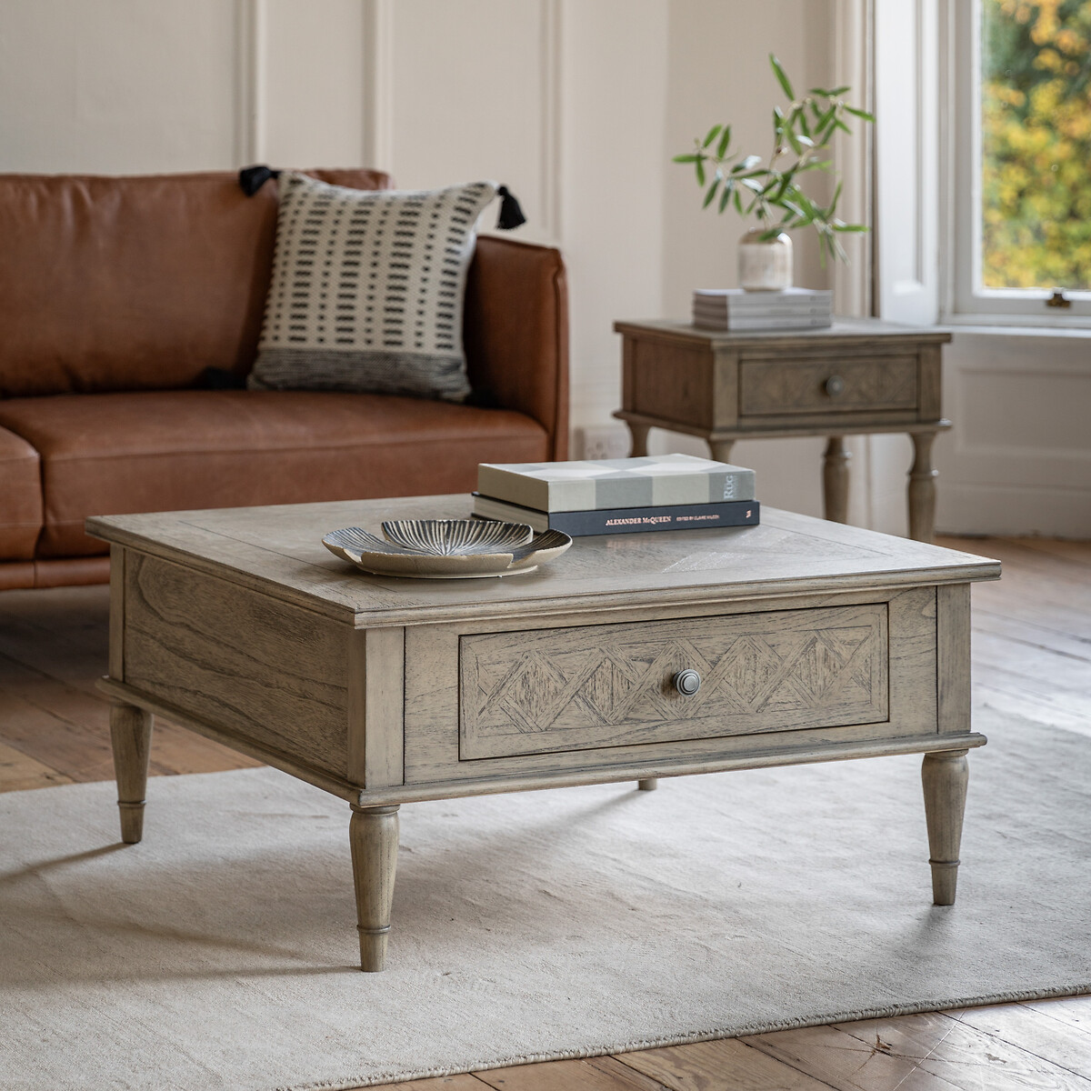 Nashik Ash Wood Parquet Square 2 Drawer Coffee Table, ÉDITÉ
