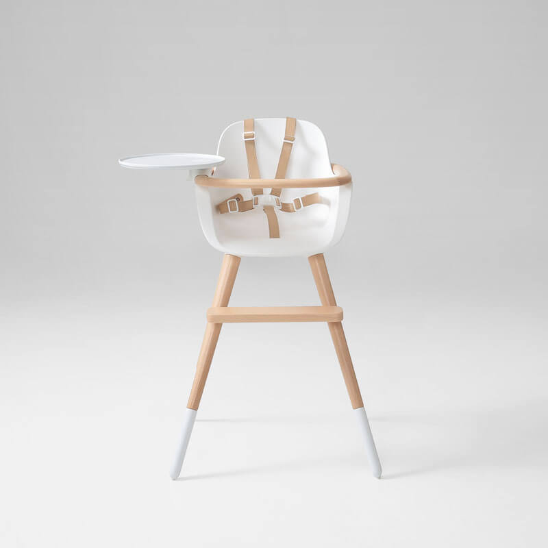 Chaise-haute Ovo One Luxe Bois Blanc harnais similicuir Beige, MICUNA
