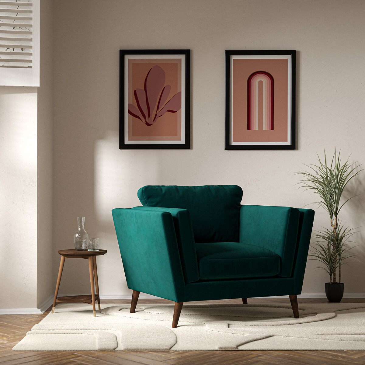Frida contemporary velvet armchair with dark wood legs feather