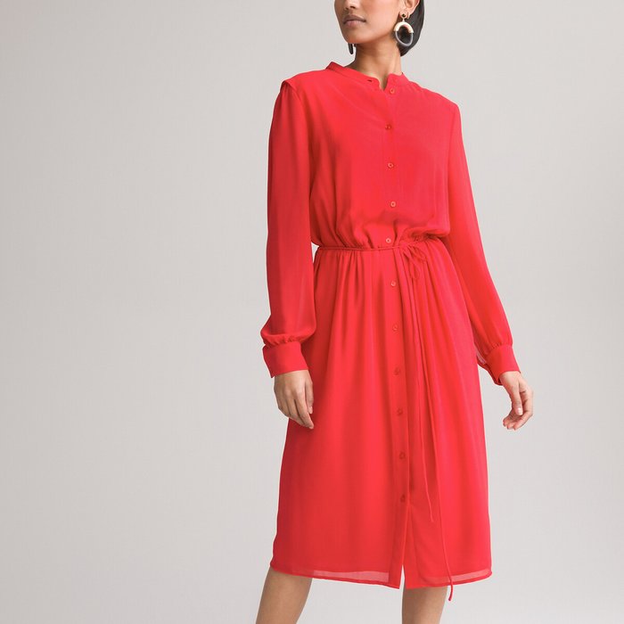 Recycled shirt dress with crew neck and long sleeves, red, La Redoute ...