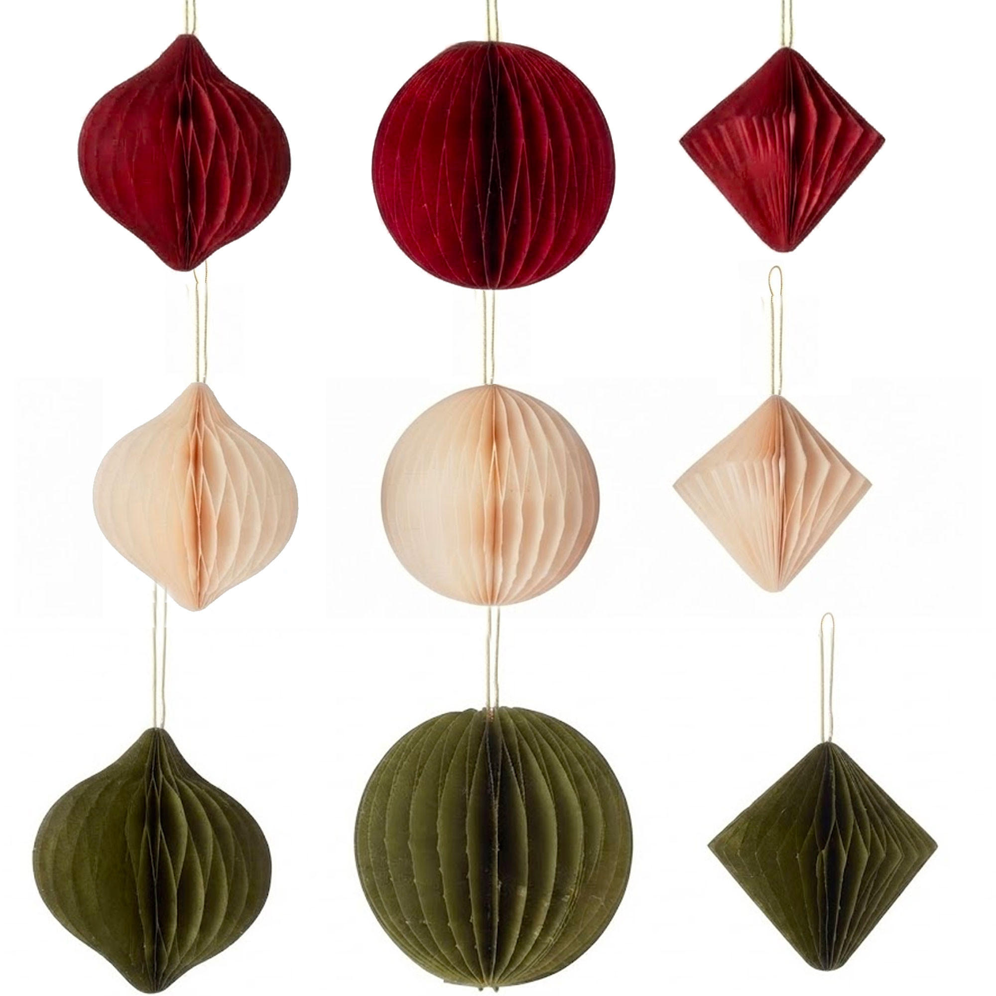 Set de 9 boules de Noël pliage papier rouge, vert, blanc 6cm, WADIGA