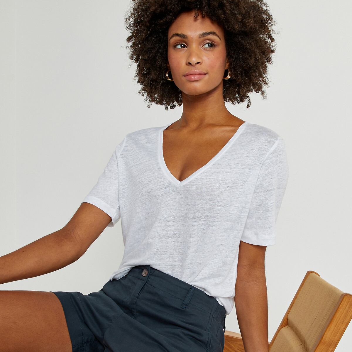 Linen v-neck t-shirt, made in europe La Redoute Collections | La Redoute