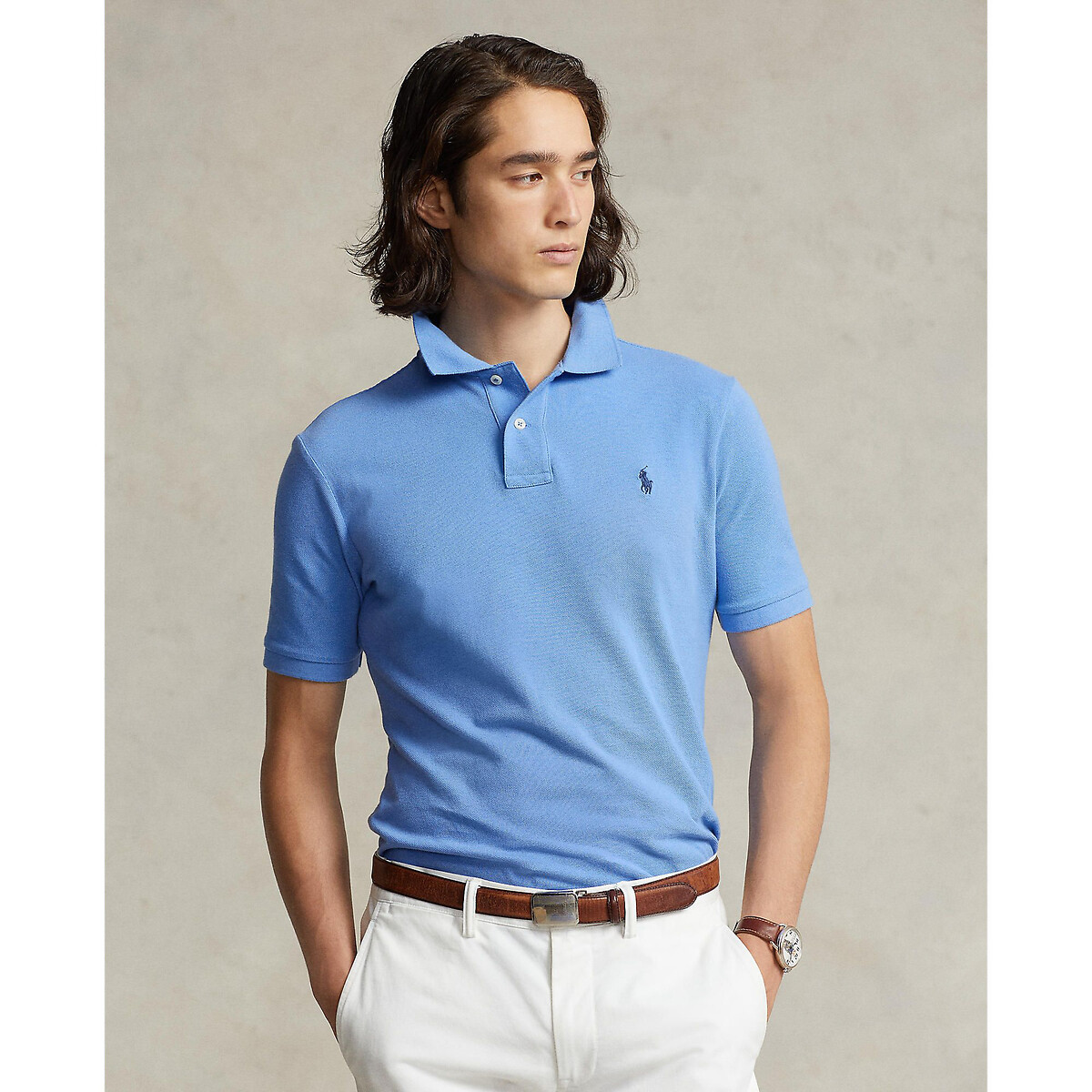 Image of Cotton Slim Fit Polo Shirt with Short Sleeves