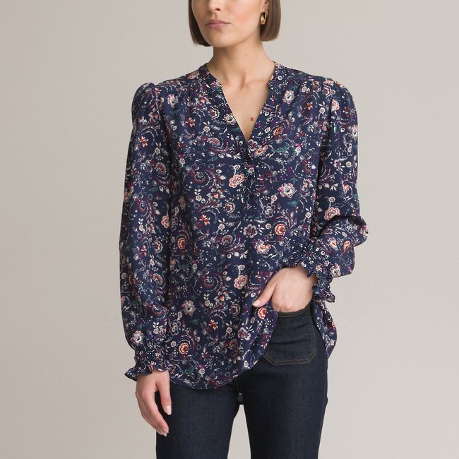 Paisley Print Blouse with Crew Neck and Long Sleeves, floral print/navy background, ANNE WEYBURN