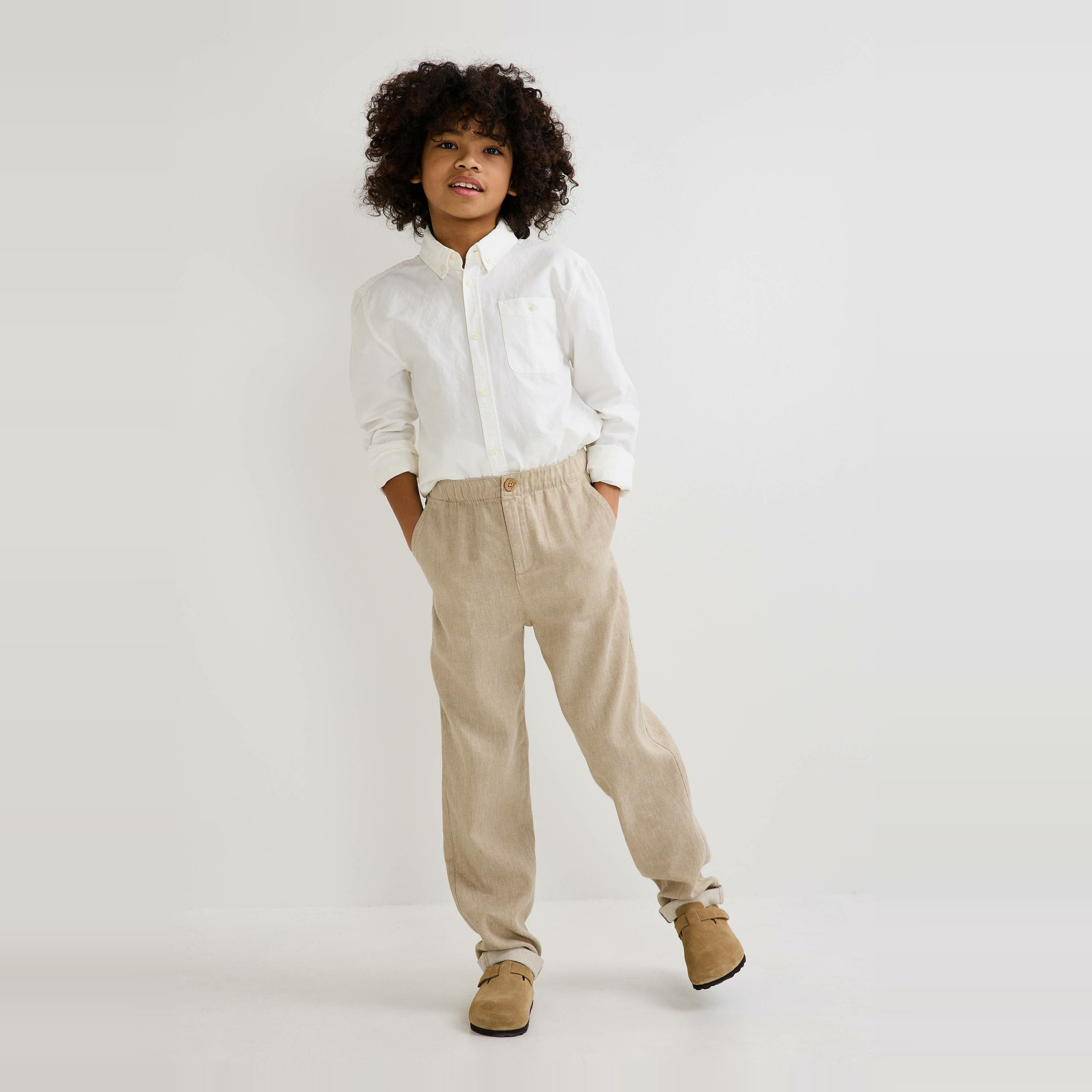 Pantalon droit uni en coton et lin, MONOPRIX