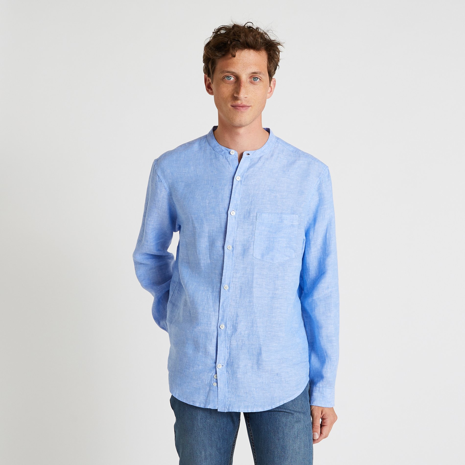 Chemise manches longues col mao en lin, MONOPRIX