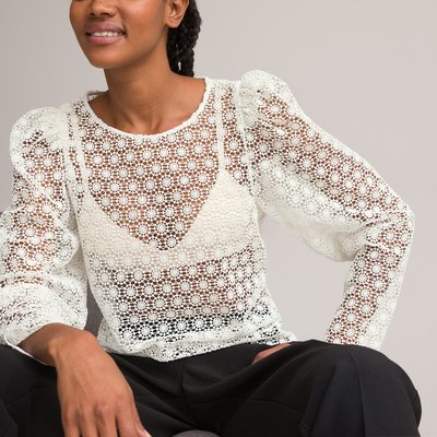 Guipure Lace Blouse with Crew Neck LA REDOUTE COLLECTIONS