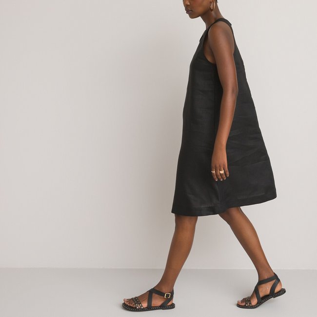 Linen sleeveless mini dress with crew neck, black, La Redoute ...