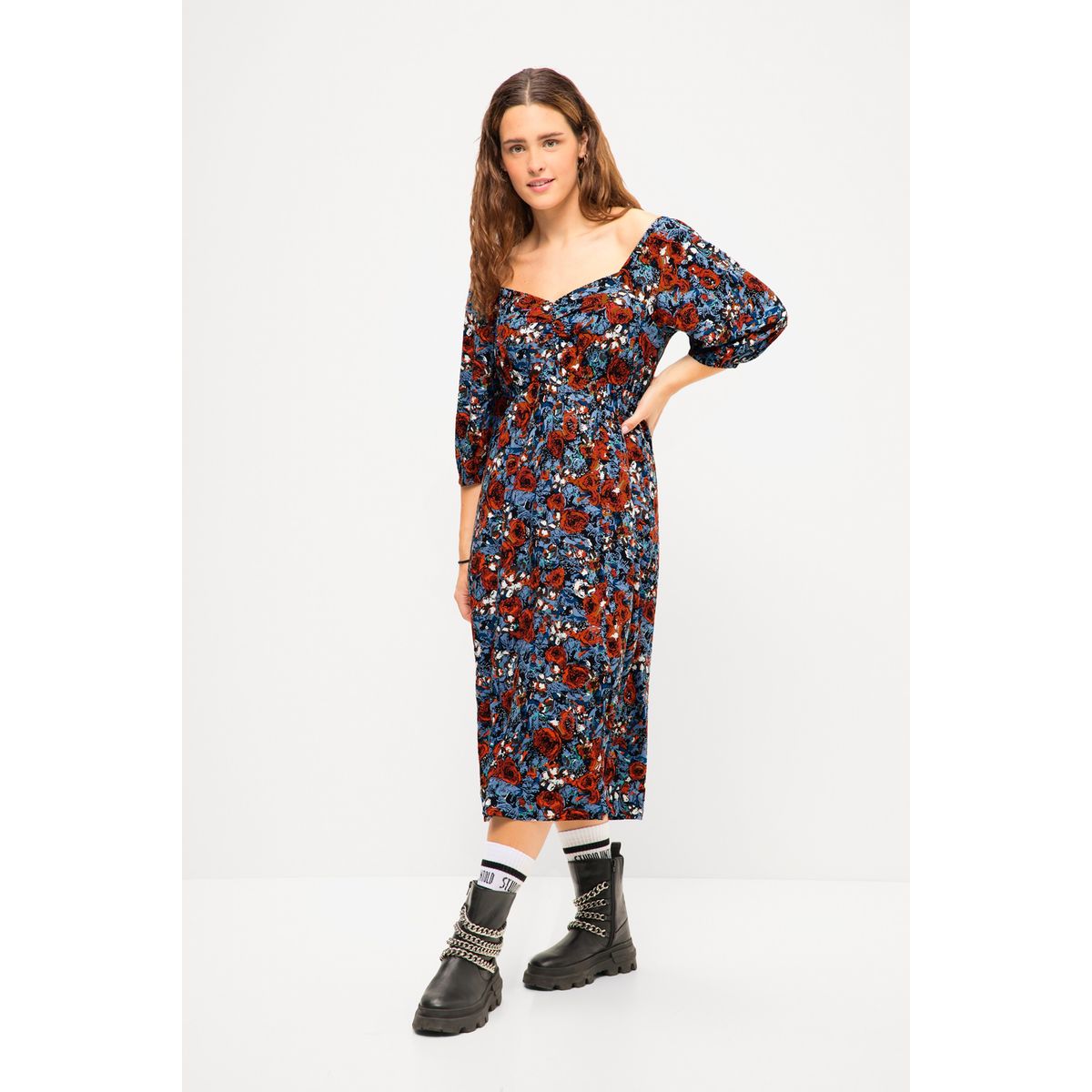Robe trap ze longueur midi motif imprim . bleu moyen Studio