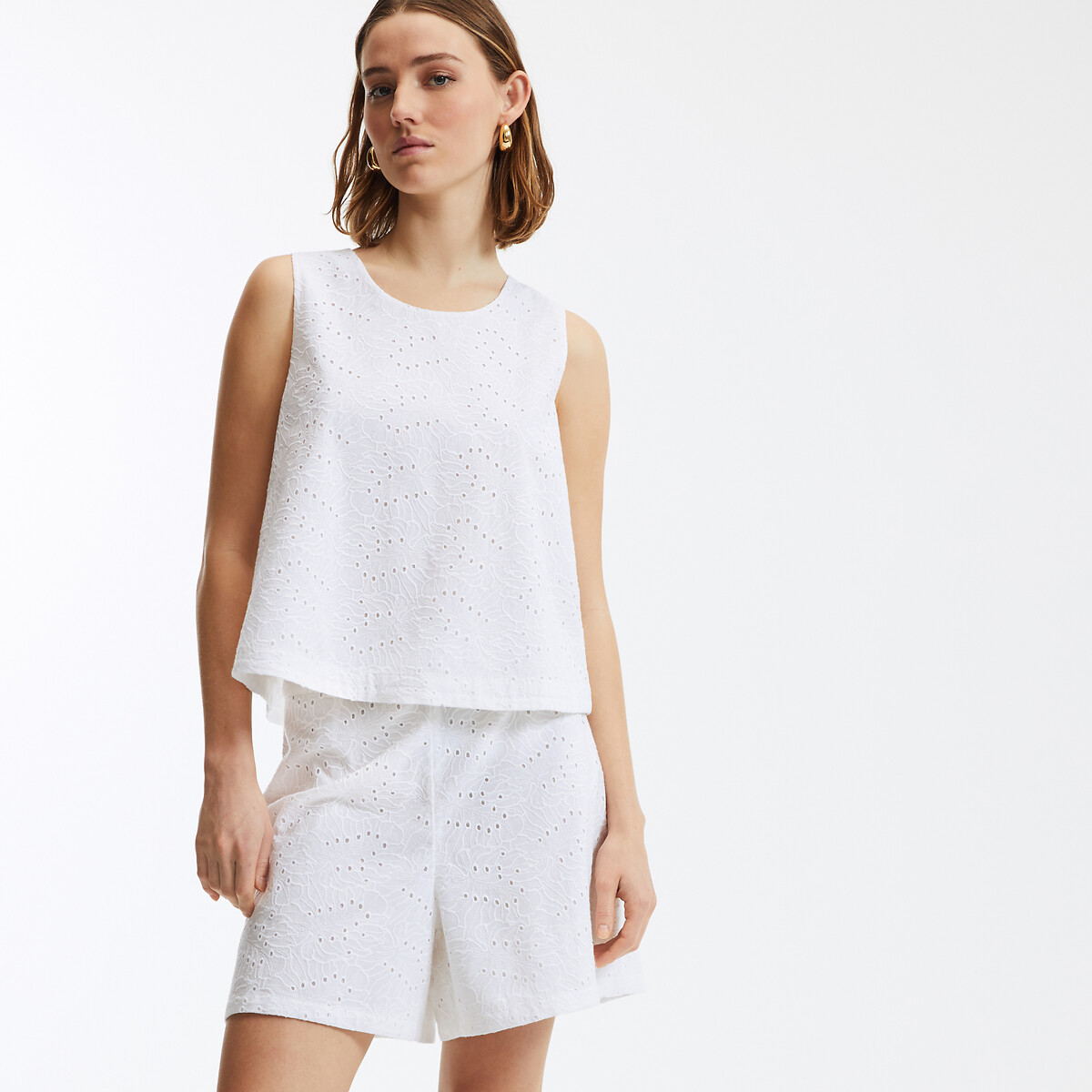 Broderie Anglaise Sleeveless Top with Crew Neck, LA REDOUTE COLLECTIONS