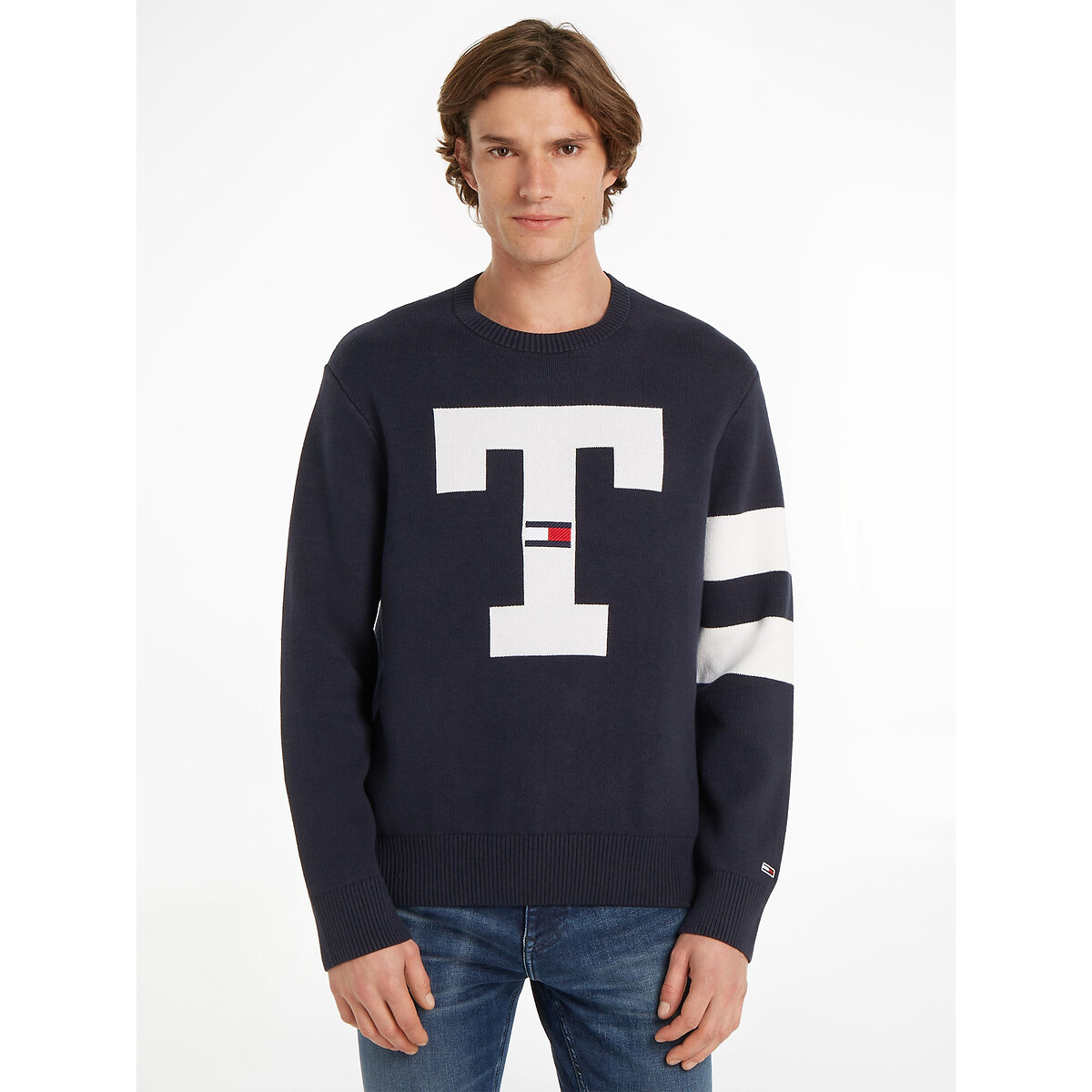 Image of Logo Print Cotton Jumper in Relaxed Fit with Crew Neck